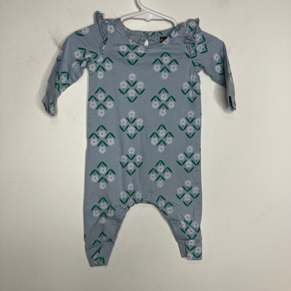 Tea collection blue white floral ruffle LS romper size 3-6 mo 100% cotton